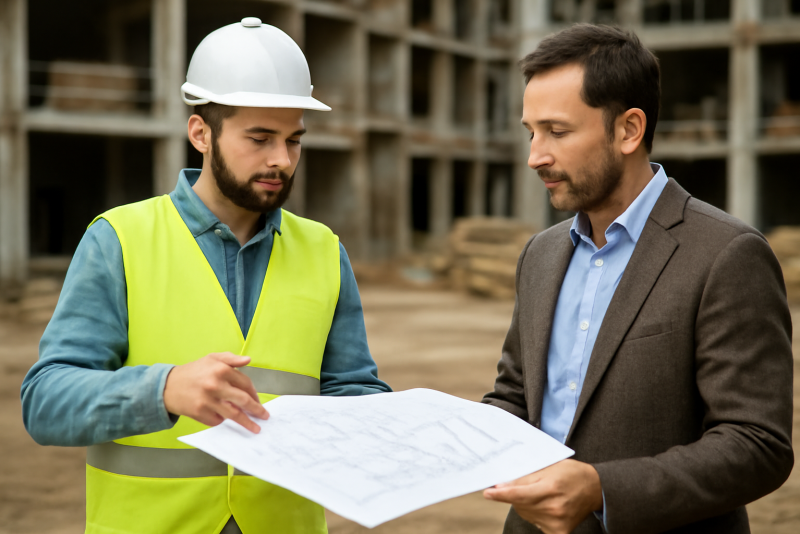 chef de chantier discutant plans avec client