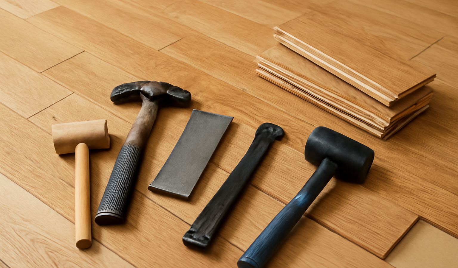 planches de parquet et outils de pose alignes