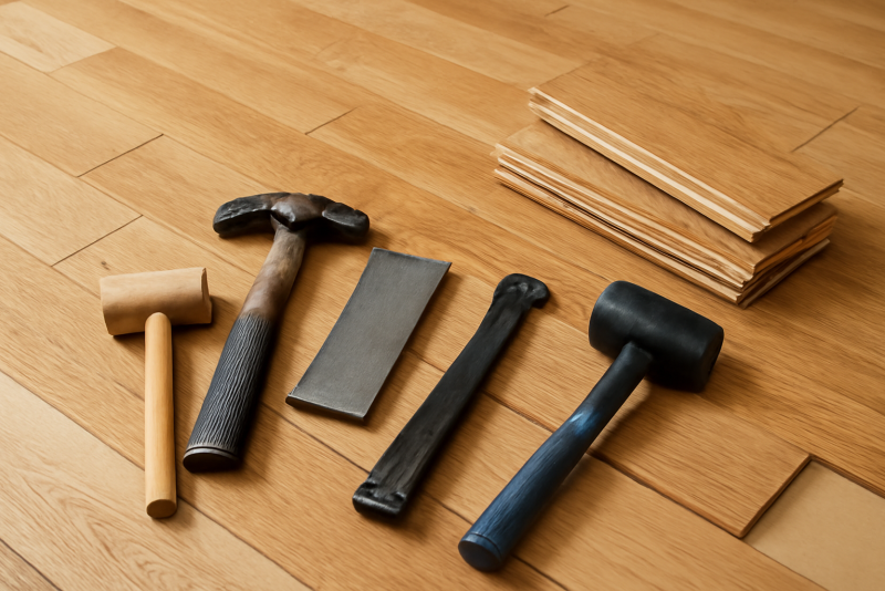 planches de parquet et outils de pose alignes