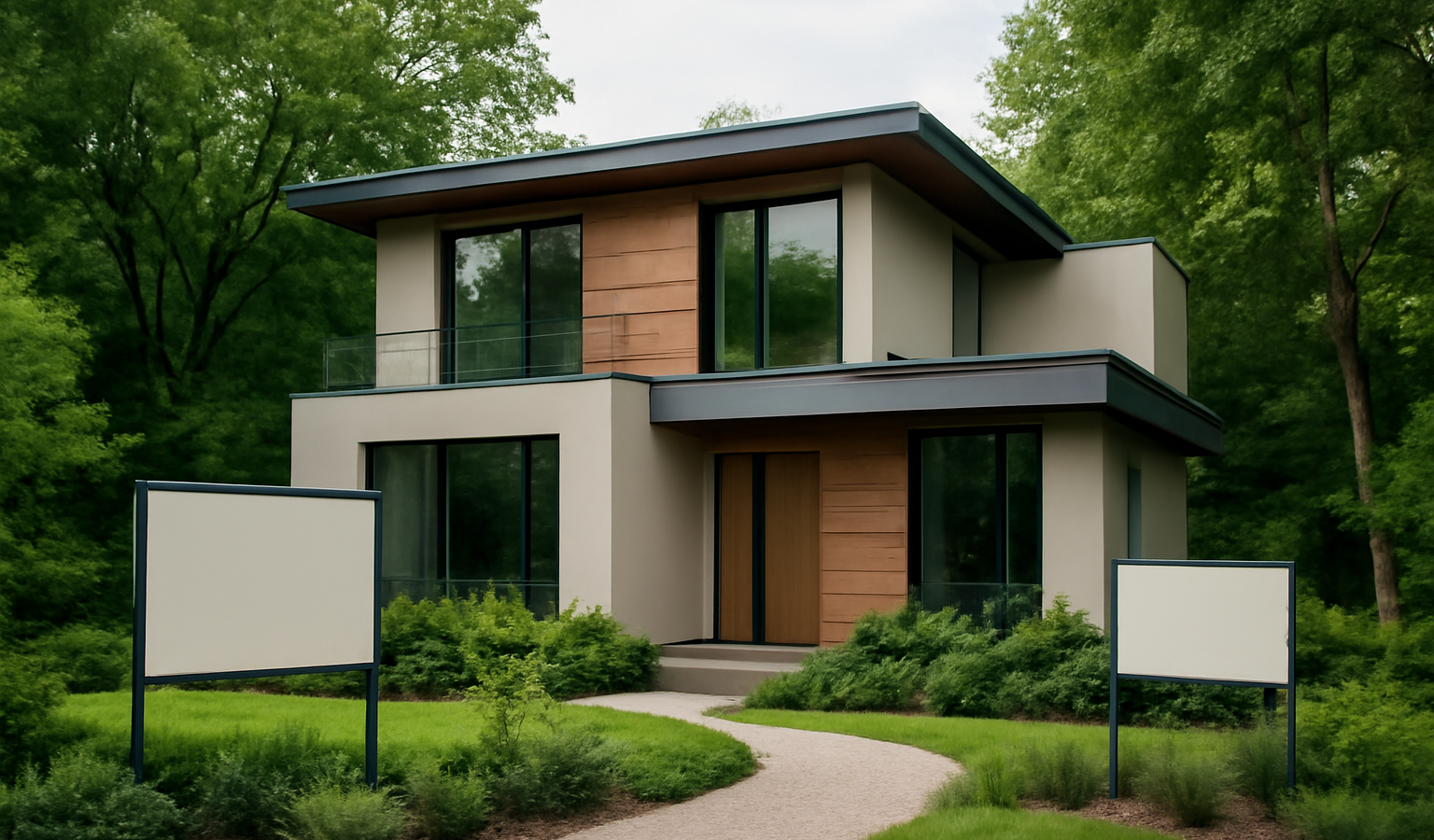 maison moderne entourée de verdure et panneaux