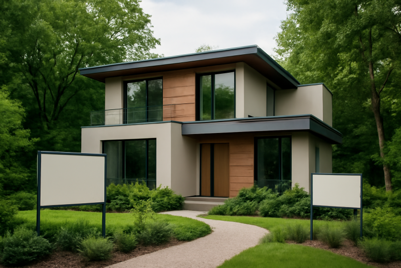 maison moderne entourée de verdure et panneaux