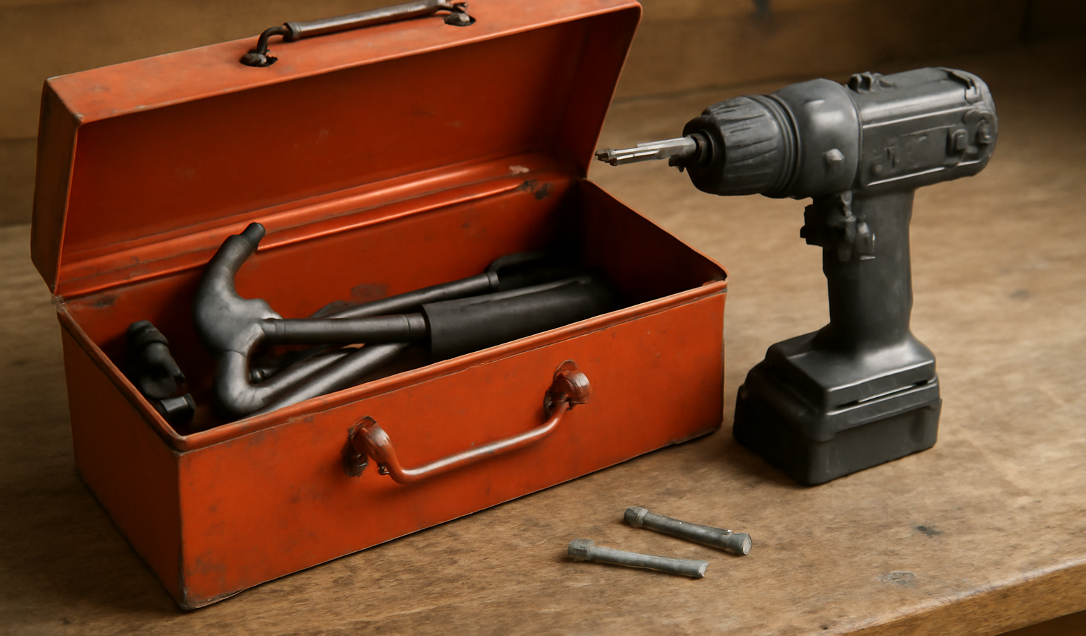 boite a outils et perceuse sur etabli