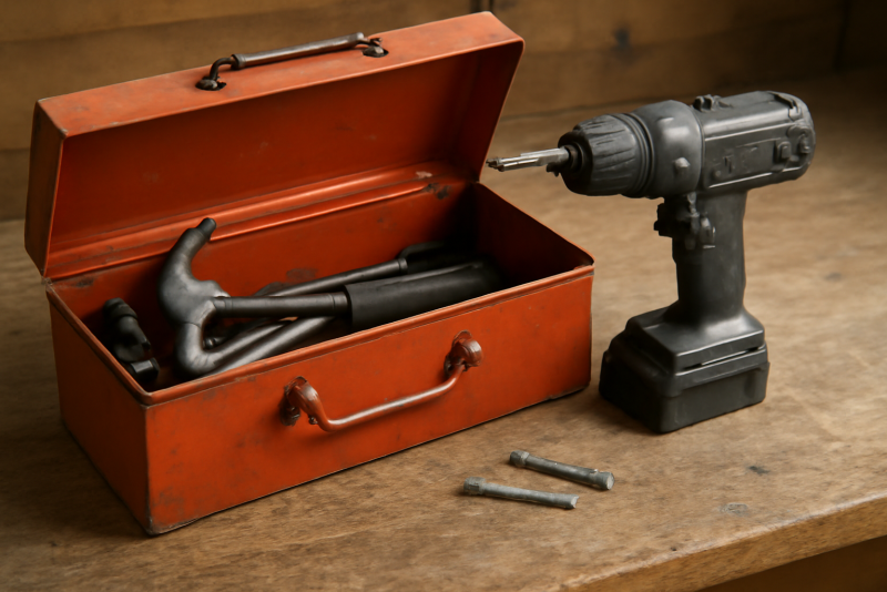 boite a outils et perceuse sur etabli