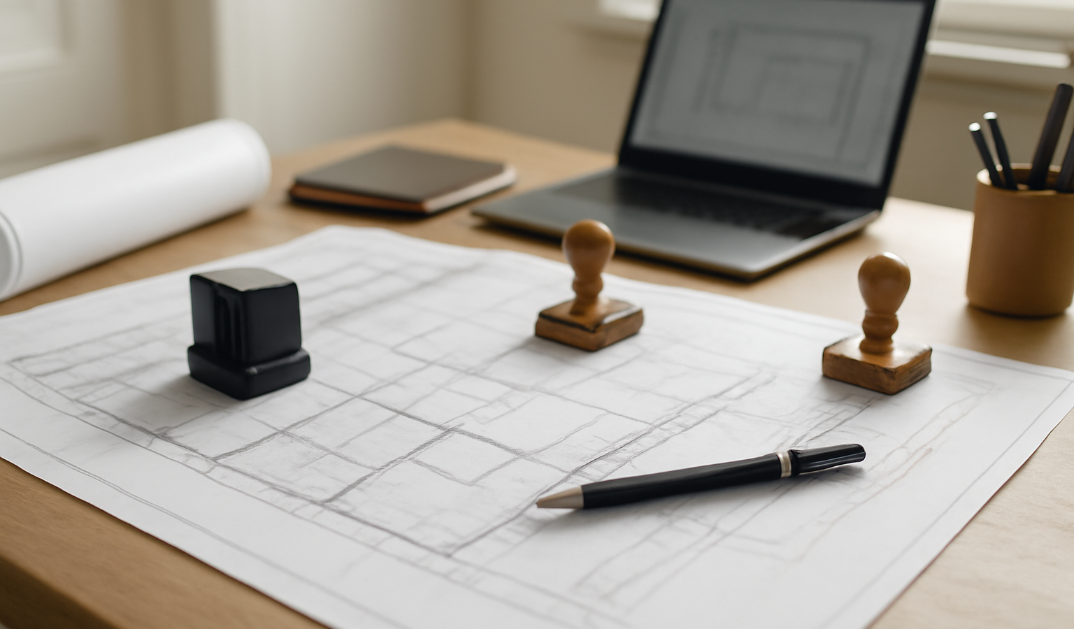 bureau d'architecte avec plans et tampons