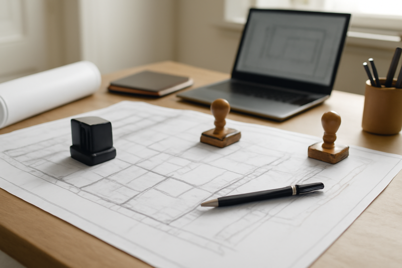 bureau d'architecte avec plans et tampons