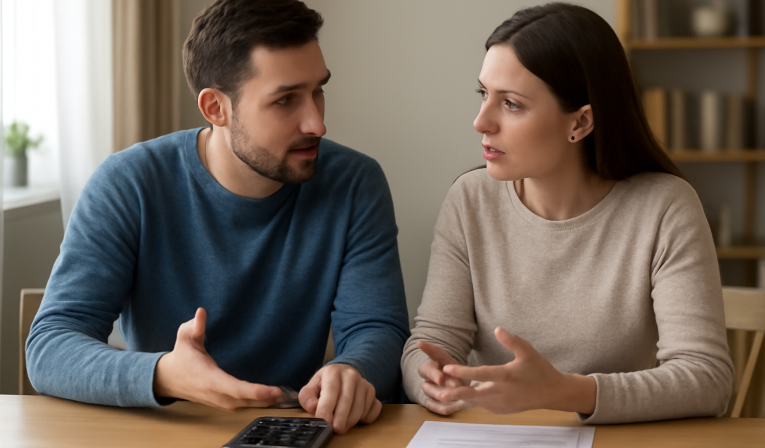 couple discutant table avec calculatrice