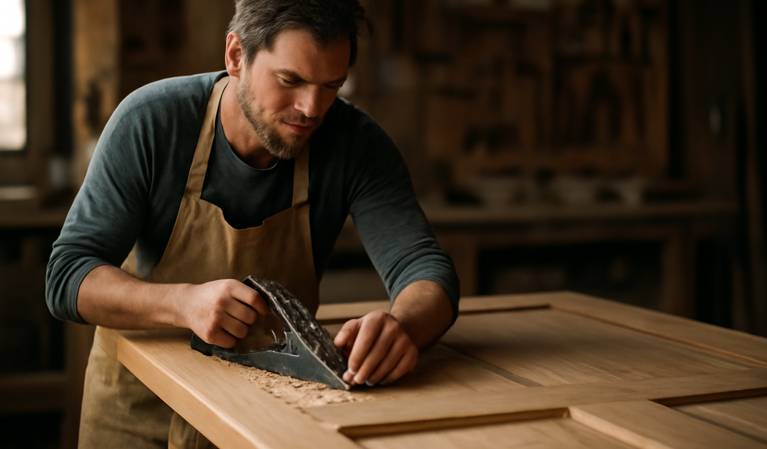 menuisier travaillant une porte en bois
