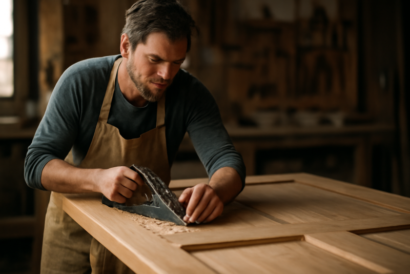 menuisier travaillant une porte en bois