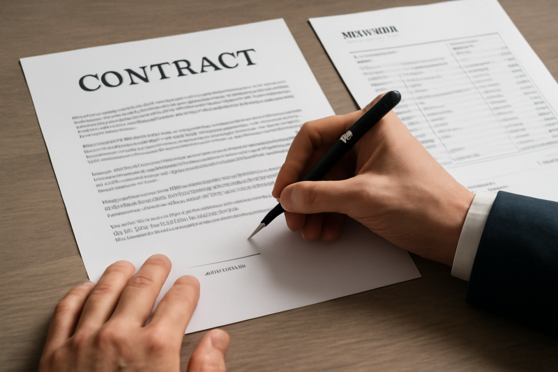 mains signant contrat devant devis