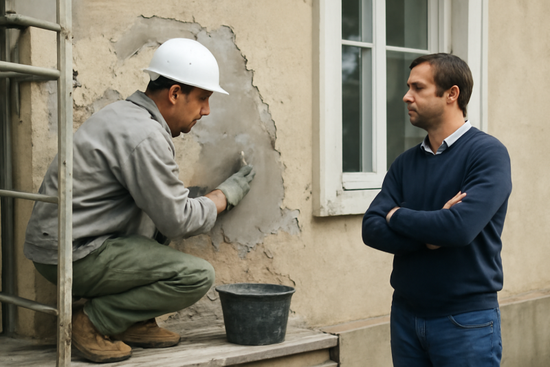 ouvrier reparant facade sous le regard du proprietaire