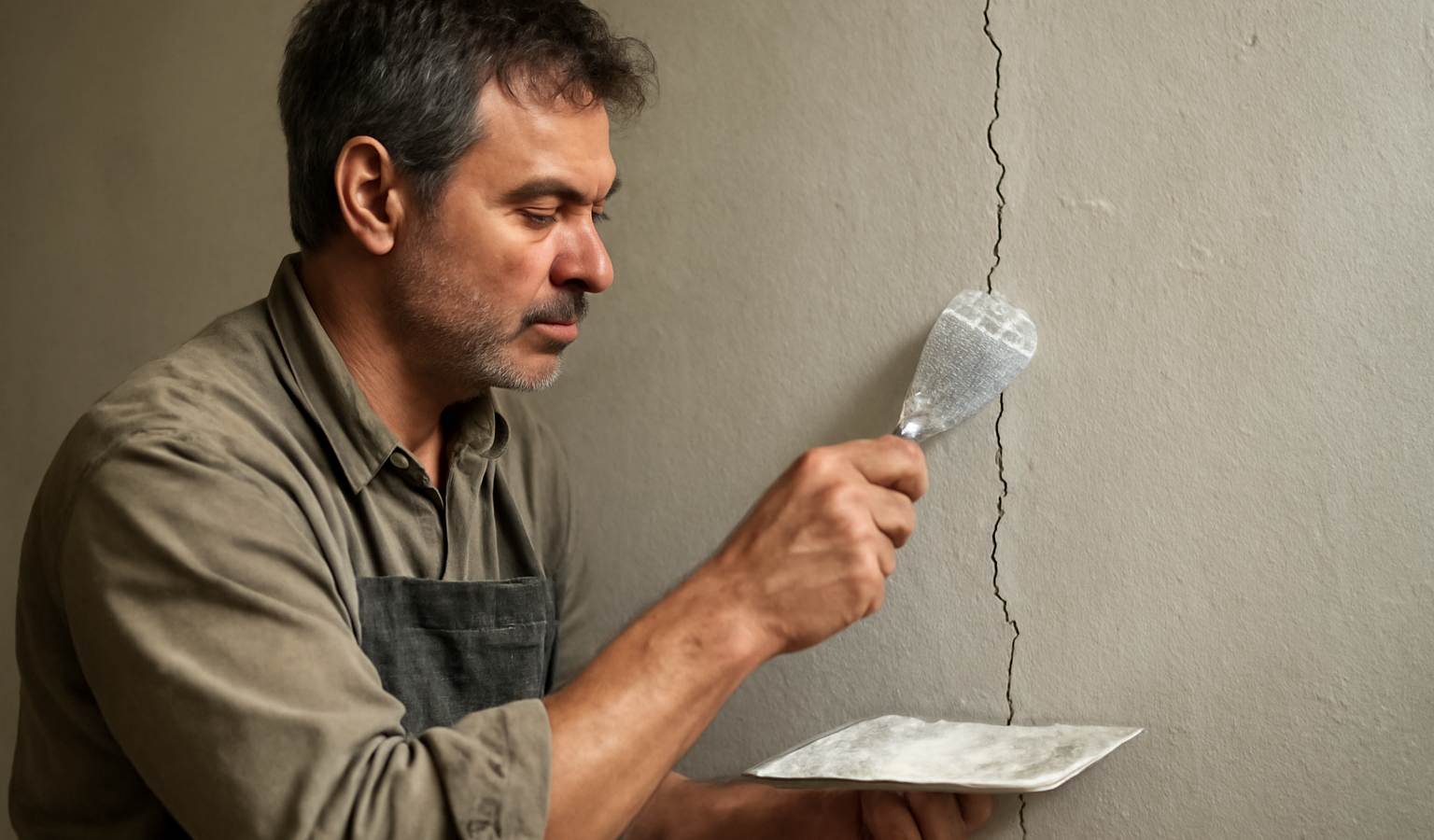 artisan réparant fissure sur mur intérieur