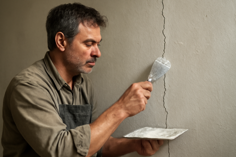artisan réparant fissure sur mur intérieur