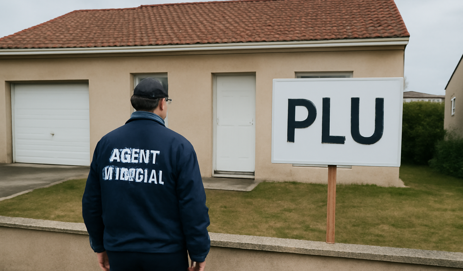 maison avec panneau PLU et agent municipal