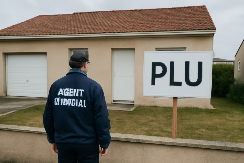 maison avec panneau PLU et agent municipal