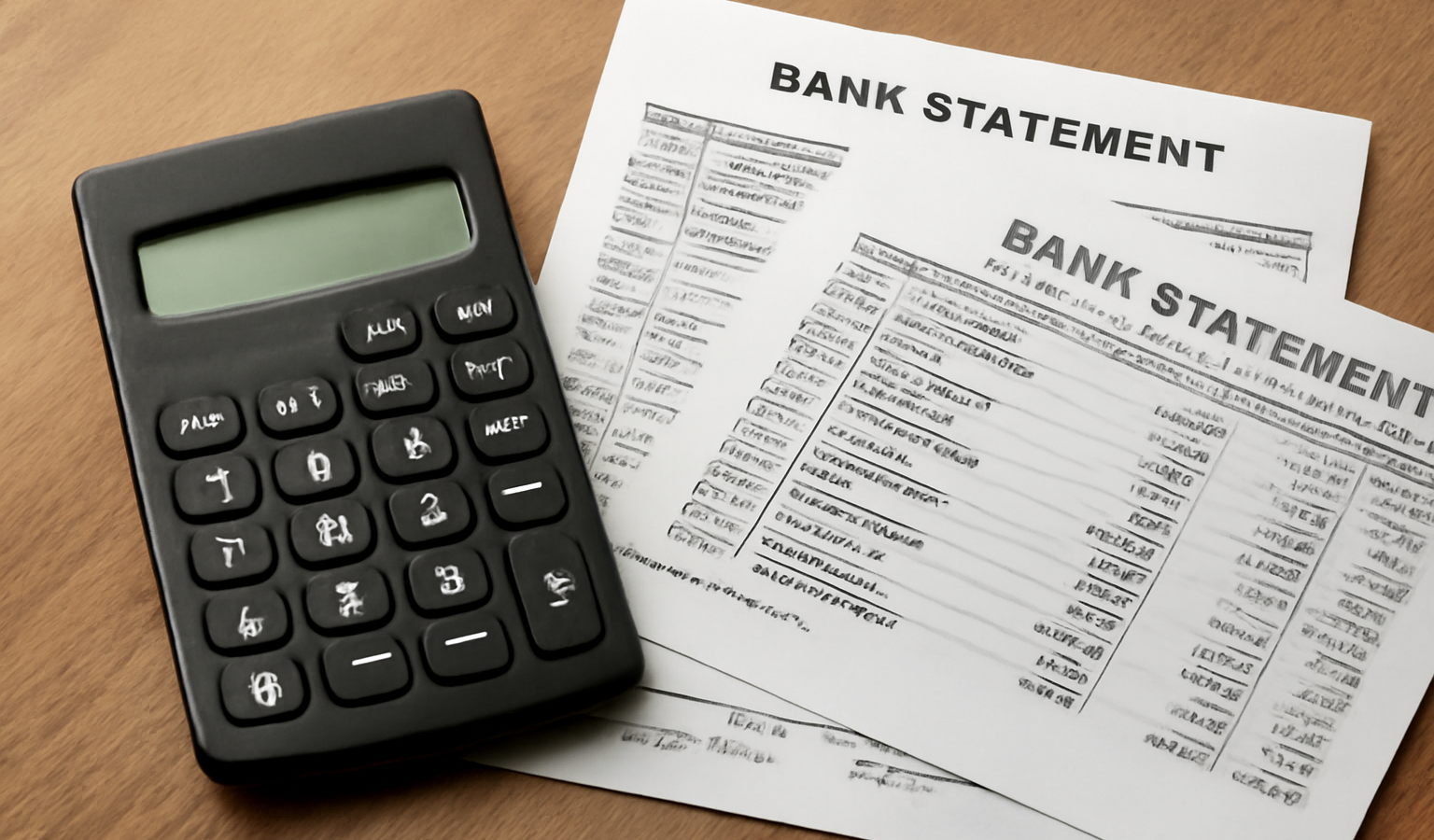calculatrice et relevés bancaires sur table
