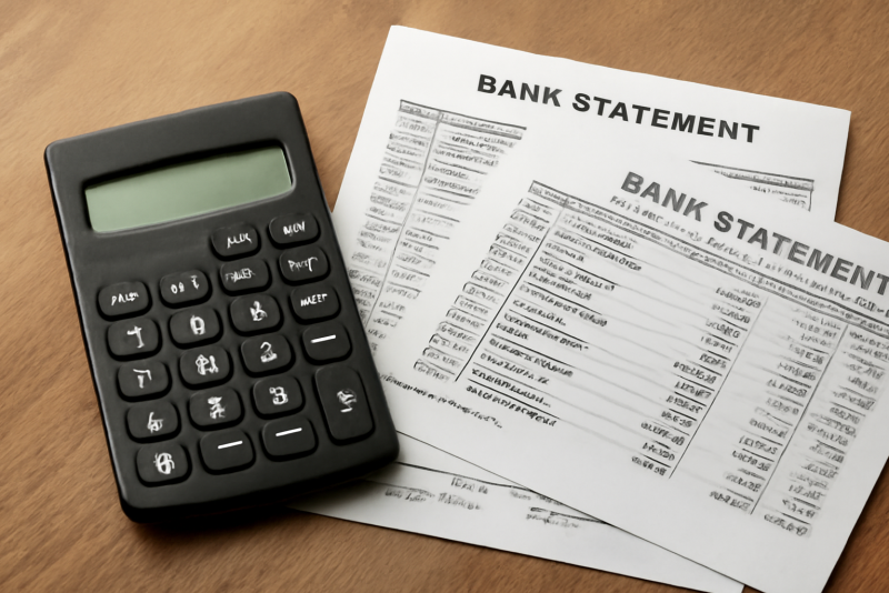 calculatrice et relevés bancaires sur table