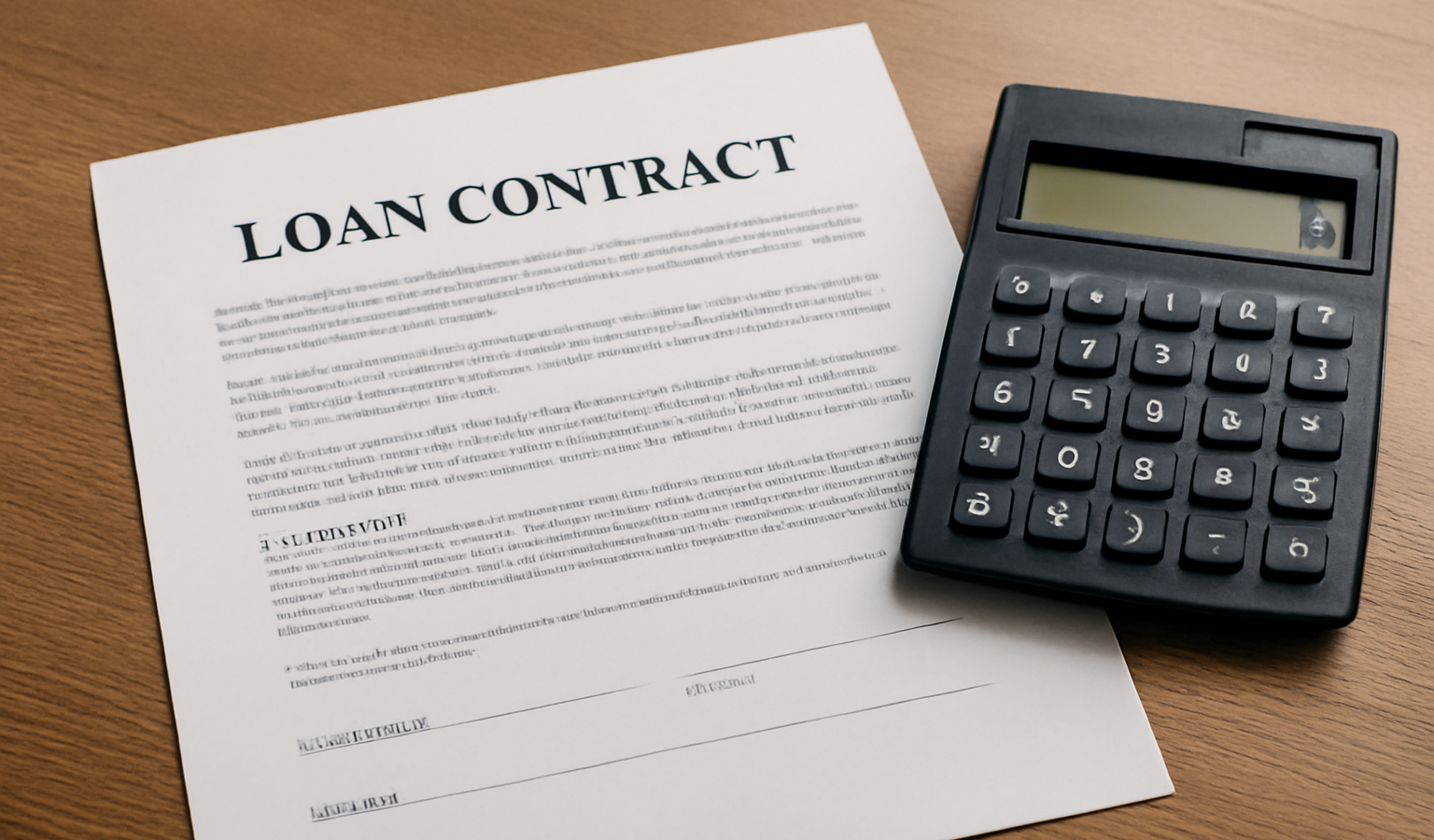 contrat de prêt et calculatrice sur table