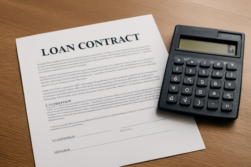 contrat de prêt et calculatrice sur table