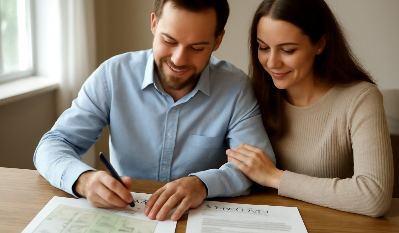 couple signant compromis devant plans de terrain