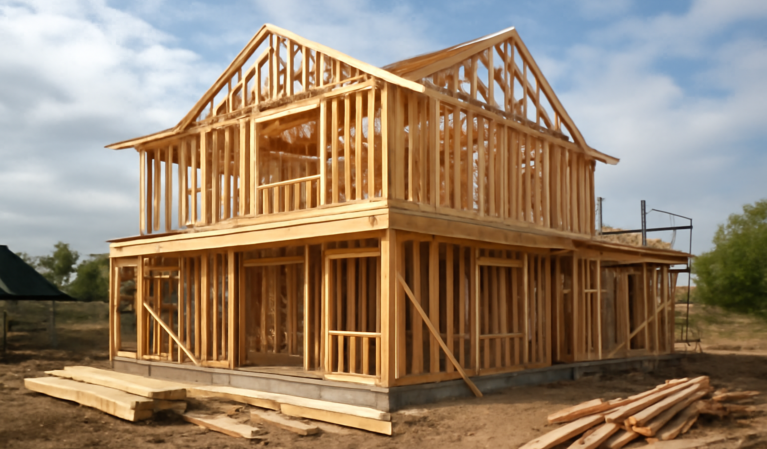chantier maison ossature bois en construction