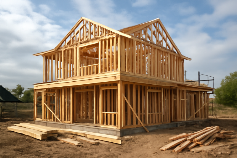 chantier maison ossature bois en construction