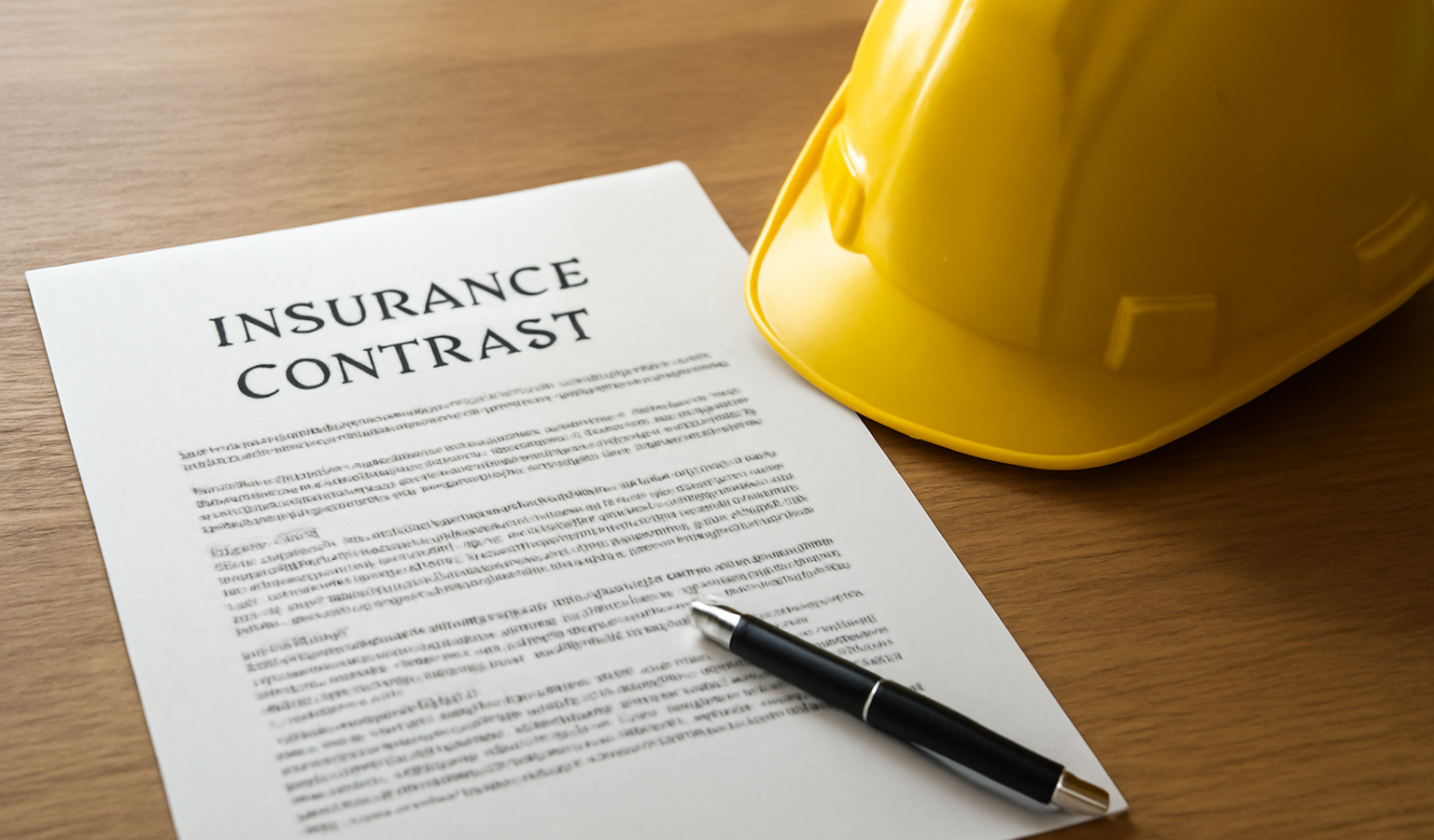 contrat d'assurance posé sur table avec casque chantier