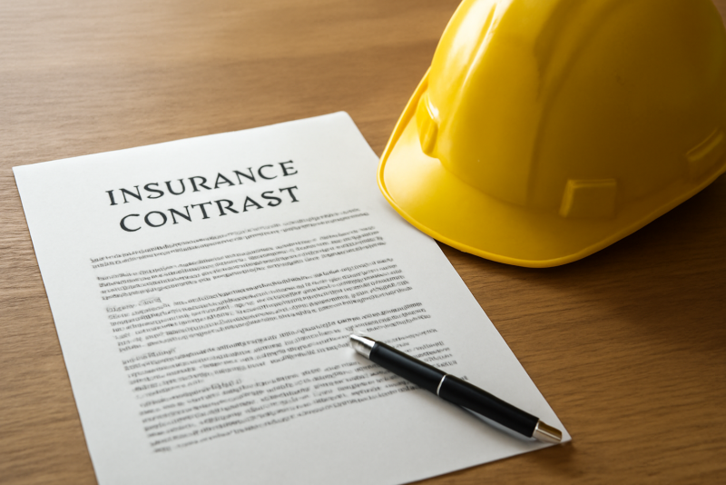 contrat d'assurance posé sur table avec casque chantier