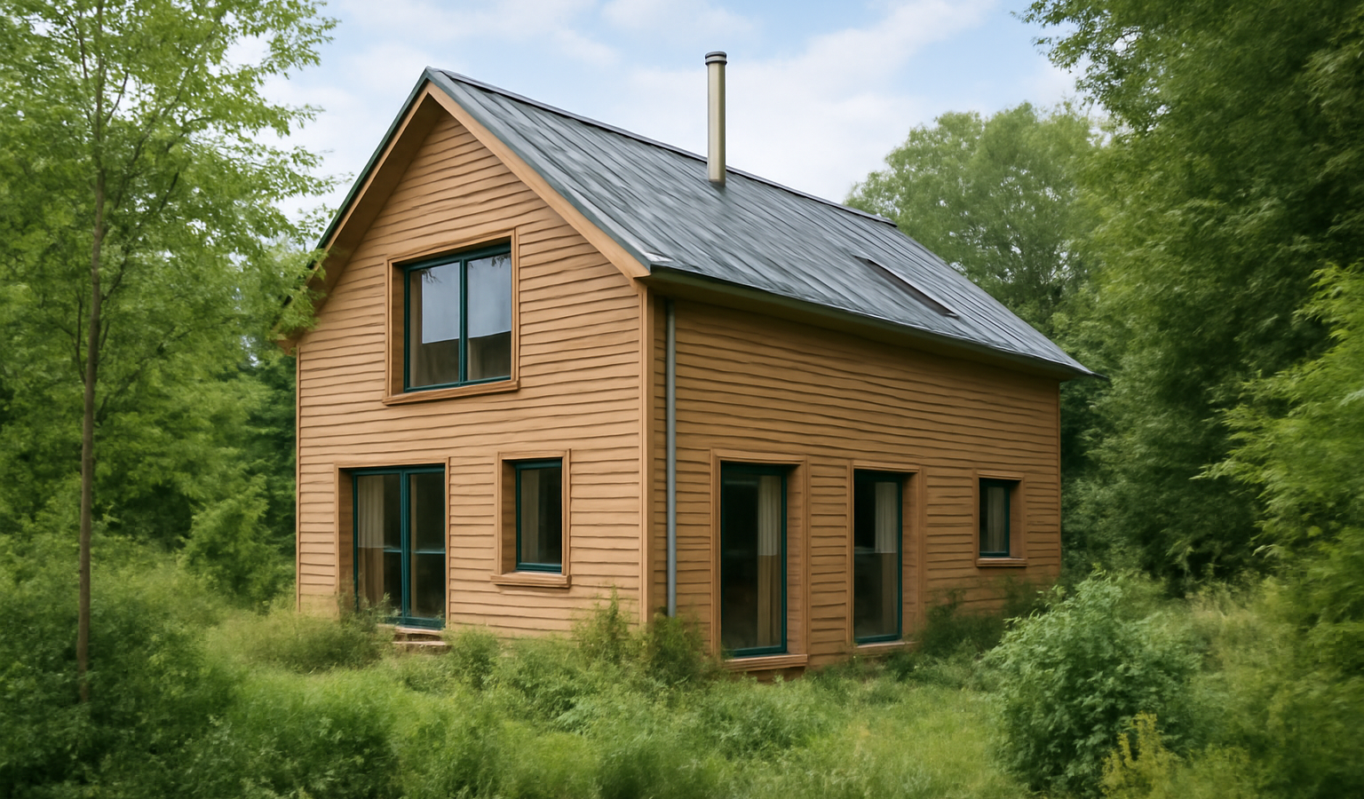 maison passive en bois entourée de végétation