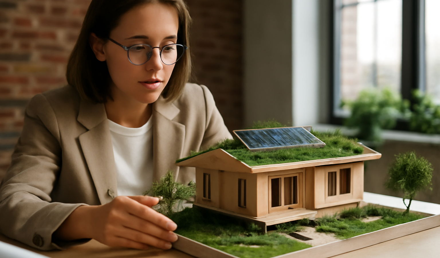 architecte montrant maquette de maison ecologique
