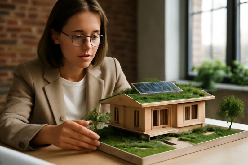 architecte montrant maquette de maison ecologique