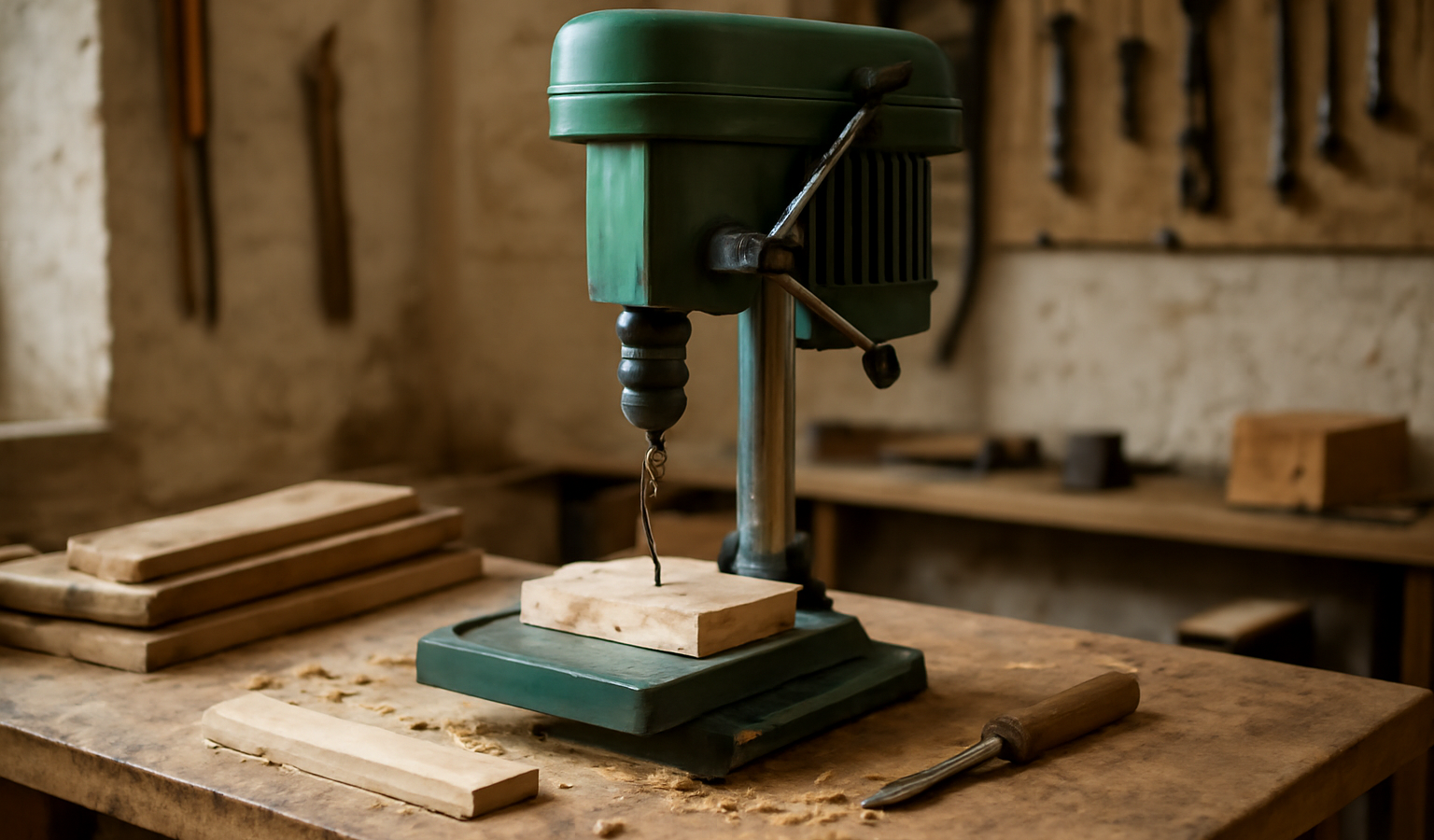 atelier avec perceuse sur établi et bois