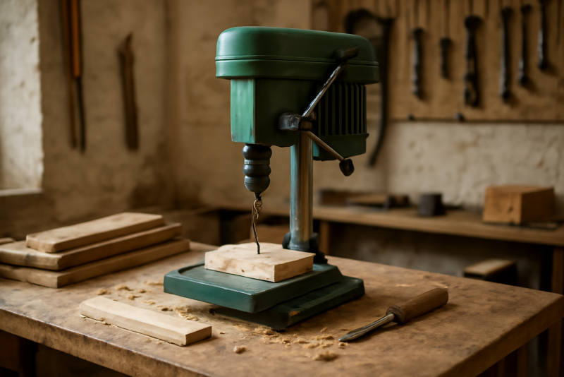 atelier avec perceuse sur établi et bois