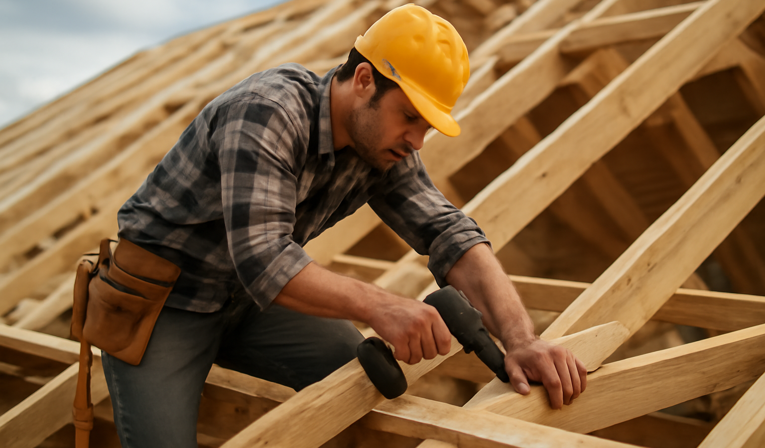 charpentier travaillant sur toiture en bois