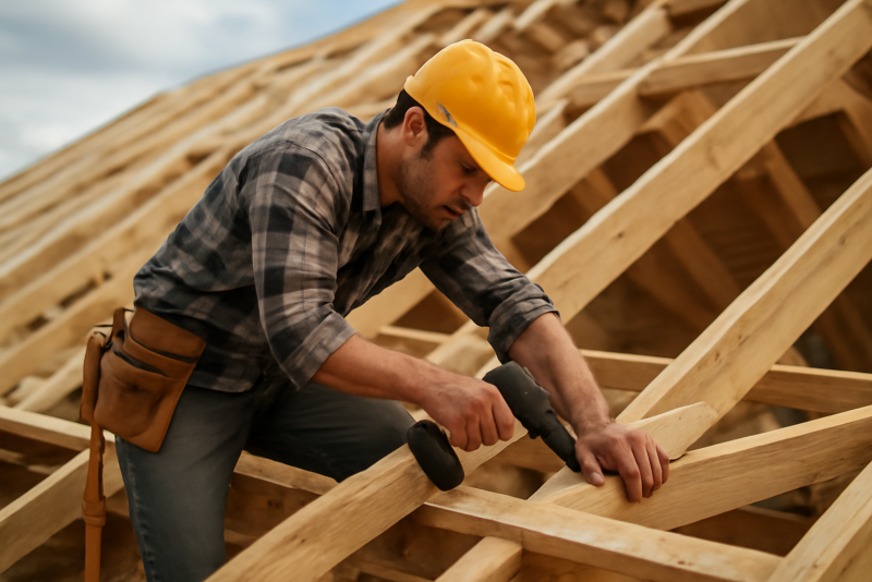 charpentier travaillant sur toiture en bois