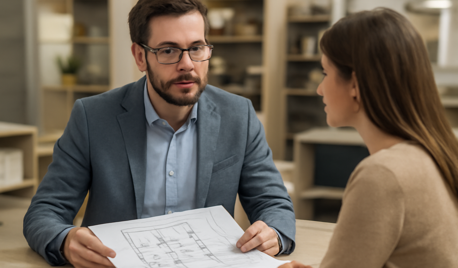 conseiller en magasin discutant plans avec client