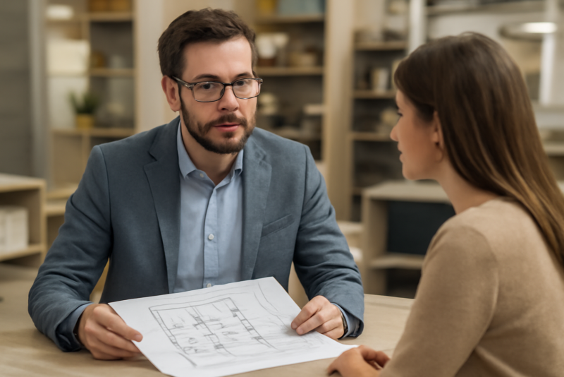 conseiller en magasin discutant plans avec client