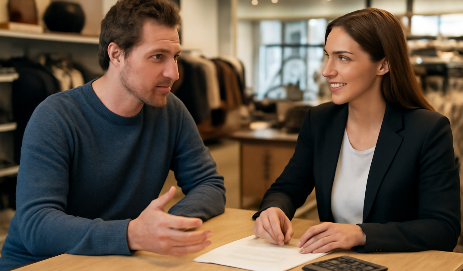 client discutant financement au comptoir de magasin