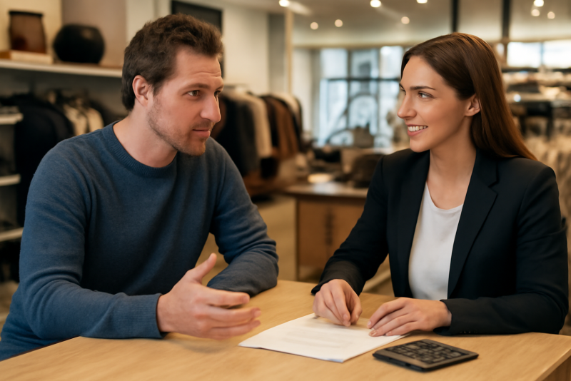 client discutant financement au comptoir de magasin