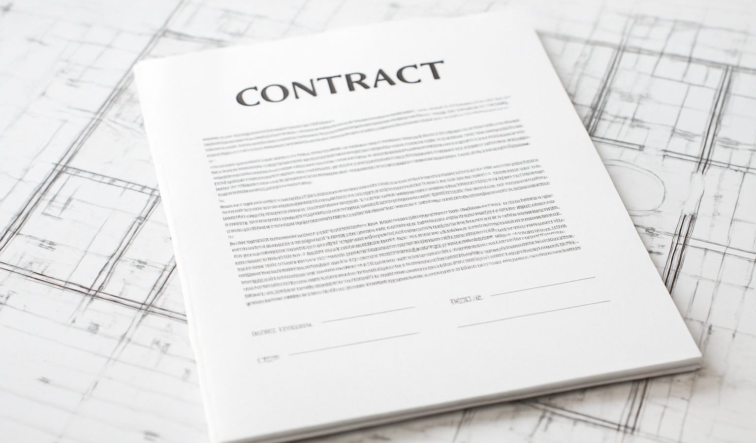 document contractuel posé sur plans de maison