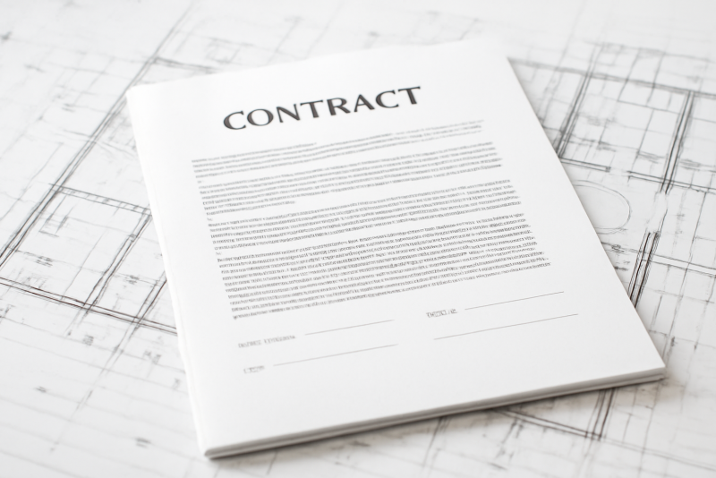 document contractuel posé sur plans de maison