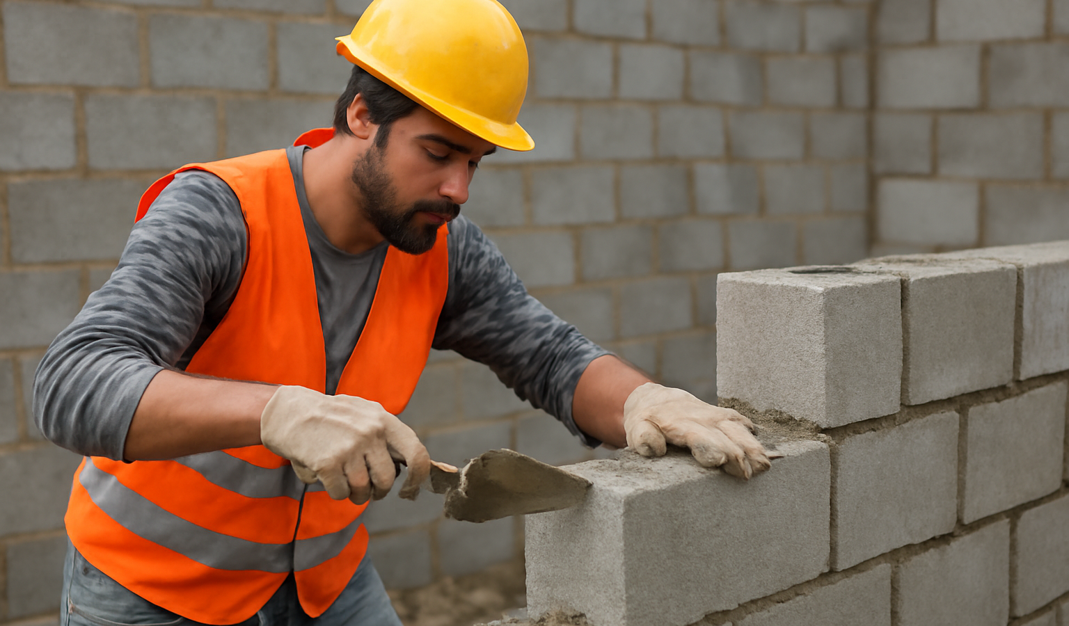 maçon travaillant sur mur en parpaings