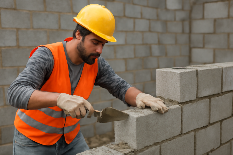 maçon travaillant sur mur en parpaings