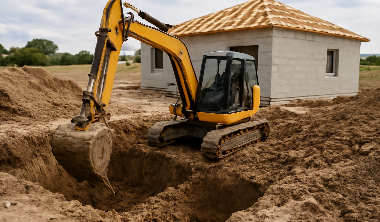 engin de chantier creusant fondations de maison