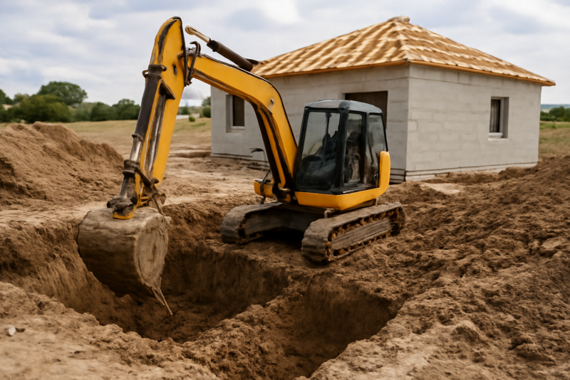 engin de chantier creusant fondations de maison