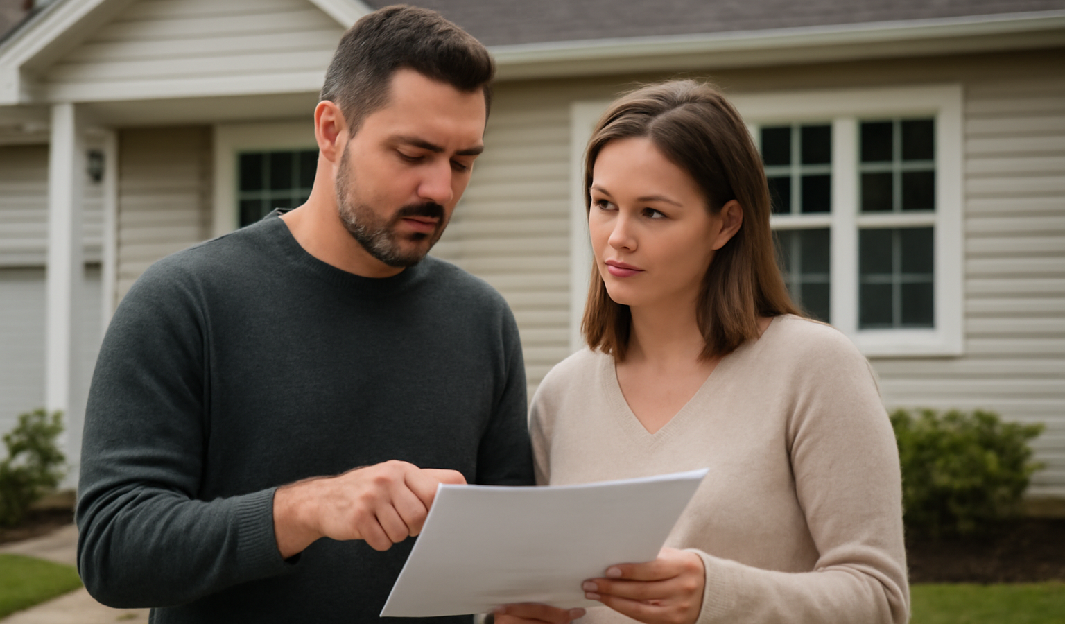 propriétaires discutant devant maison et documents