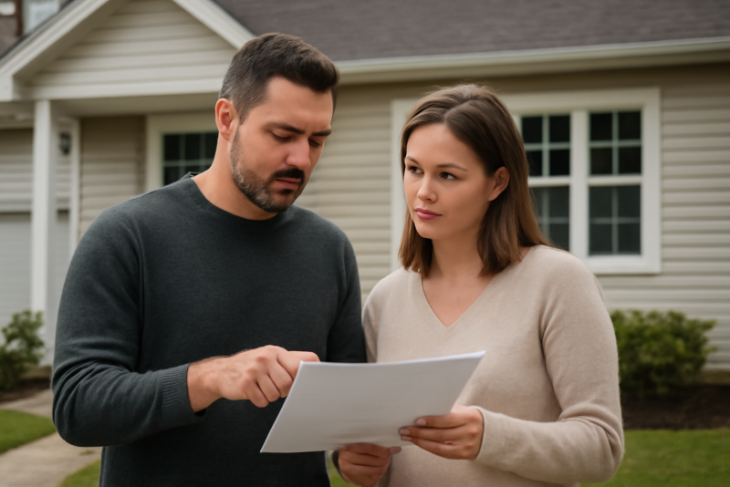 propriétaires discutant devant maison et documents