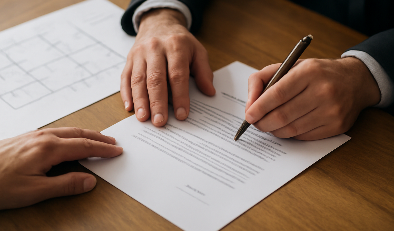mains signant un contrat pres d'un plan