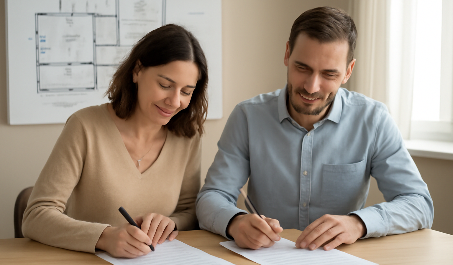 couple signant documents devant plan de maison