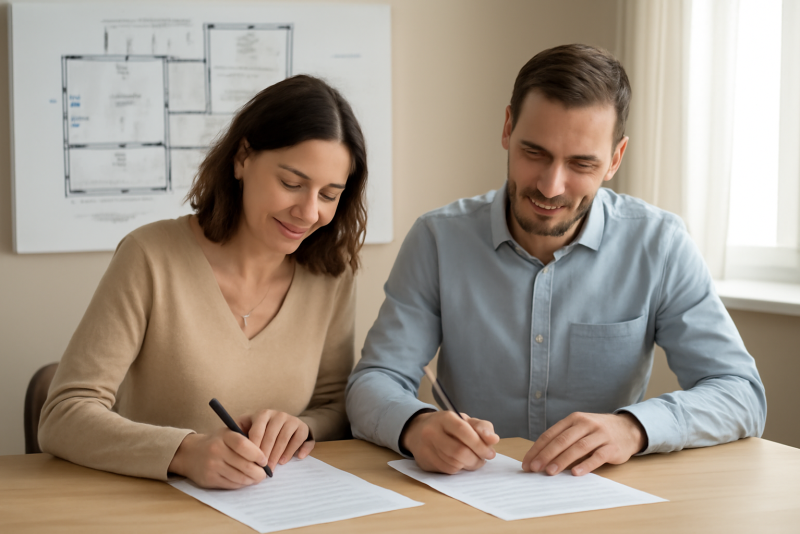 couple signant documents devant plan de maison