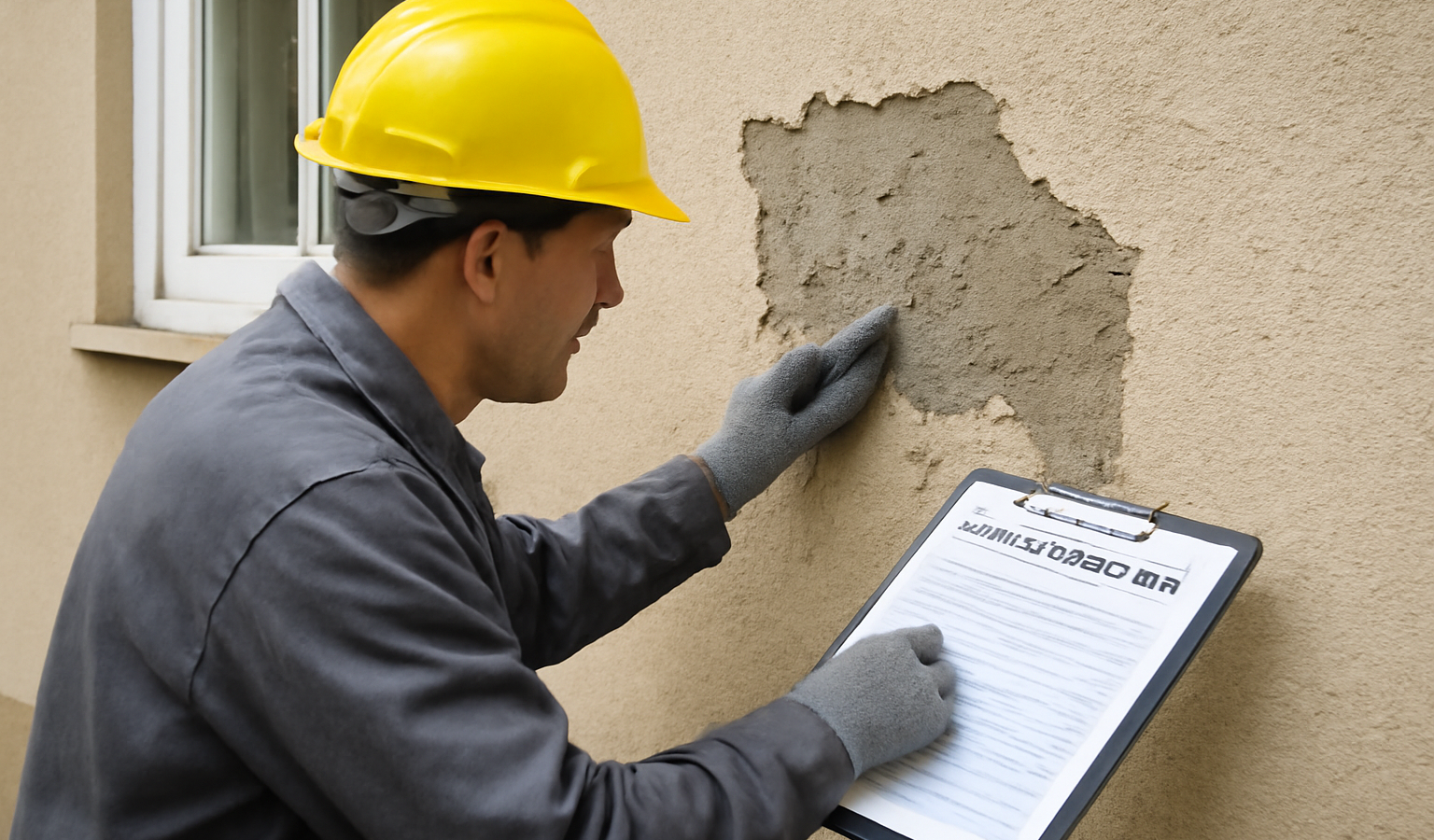 ouvrier reparant facade sous contrat d'assurance